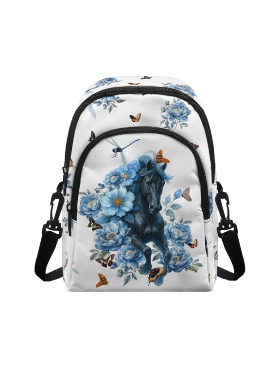 Blue Floral Black Horse Crossbody Bag, Portable Polyester Sling Bag for Travel Casual, Zipper Closure Small Cell Phone Purse for Women