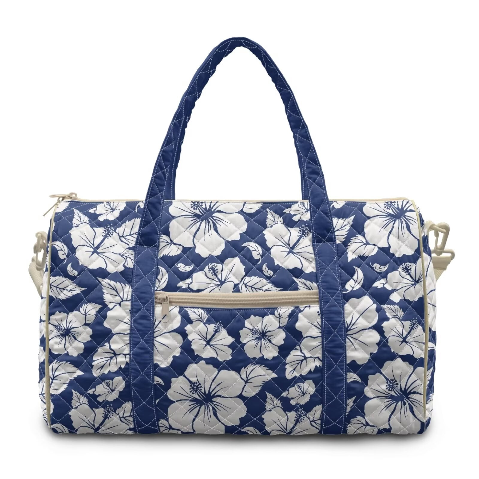 Chririnla Blue Hibiscus Print Modern Gym Bag Soft Duffle for Women with Quilting Design & Multi-Pockets Easily Portable Fitness Luggage Fits Exercise