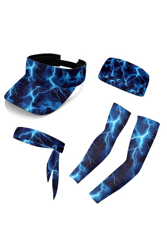 Blue Lighting Print Visor Sports Sun Visor Hats Set of 5 Adjustable Sun Hat+Headband+Arm Sleeves for Women Men
