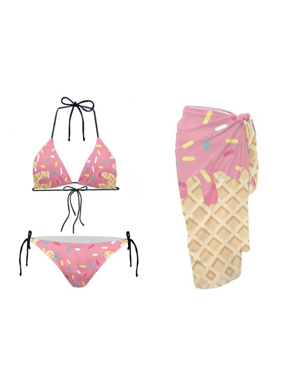 Blue Palm Tree Print Bikini Sets for Women Triangle Bikini Halter Tie Swimwear with Long Sarong Coverups Women Sexy High Cut Bathing Suit for Summer Beach