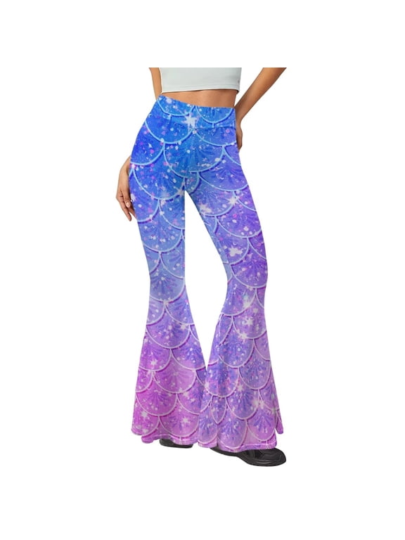 Blue Purple Sparkle Mermaid Fish Scale Flare Leggings for Women Casual Soft Tummy Control High Waist Yoga Pants Breathable Wide Leg Bootcut Workout Gym Leggings