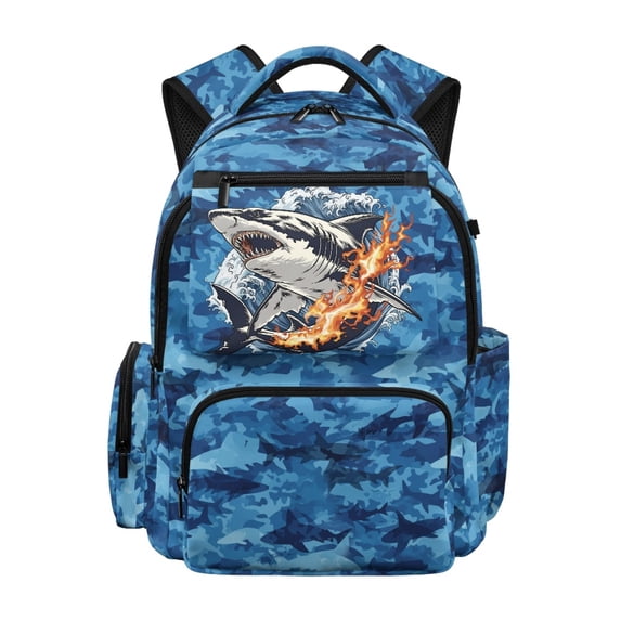 Chririnla Blue Sharks Camo Waterproof Cartoon School Bag for Daily Commute Daily Use, Soft Padded Pockets 600D Polyester Backpack