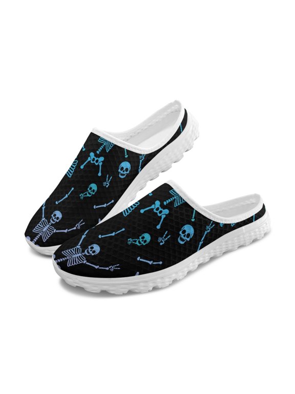 Blue Skeleton Print Breathable Mesh Slip On Clogs - Comfortable Lightweight Summer Unisex Walking Shoes
