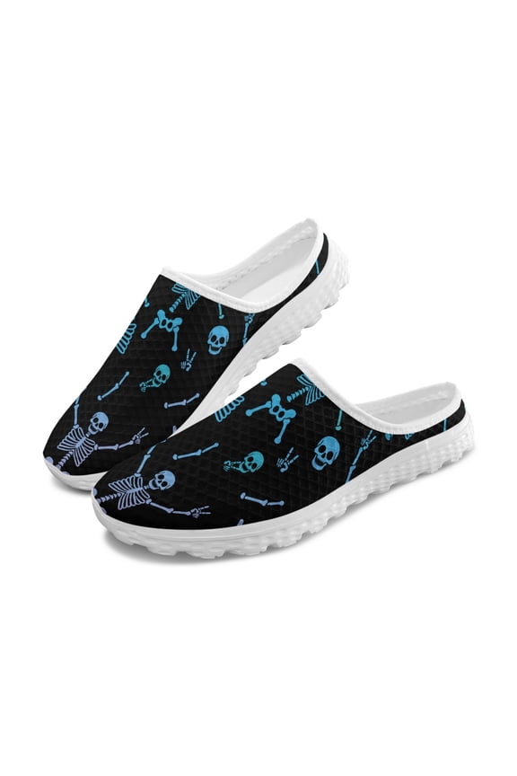 Blue Skeleton Print Breathable Mesh Slip On Clogs - Comfortable Lightweight Summer Unisex Walking Shoes