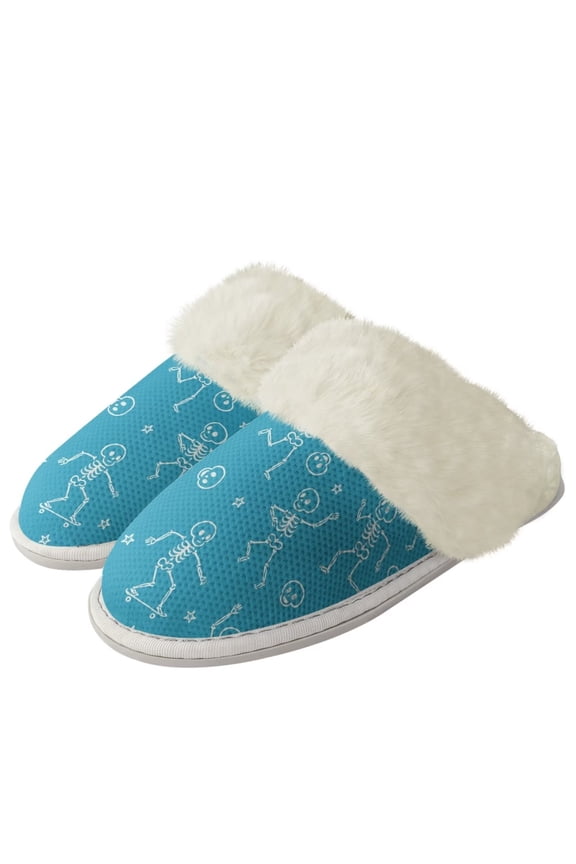 Blue Skull Bone Cotton House Shoes for Women Warm Fuzzy Slippers with Anti-Skid Sole, Non-Slip House Shoes Closed Toe
