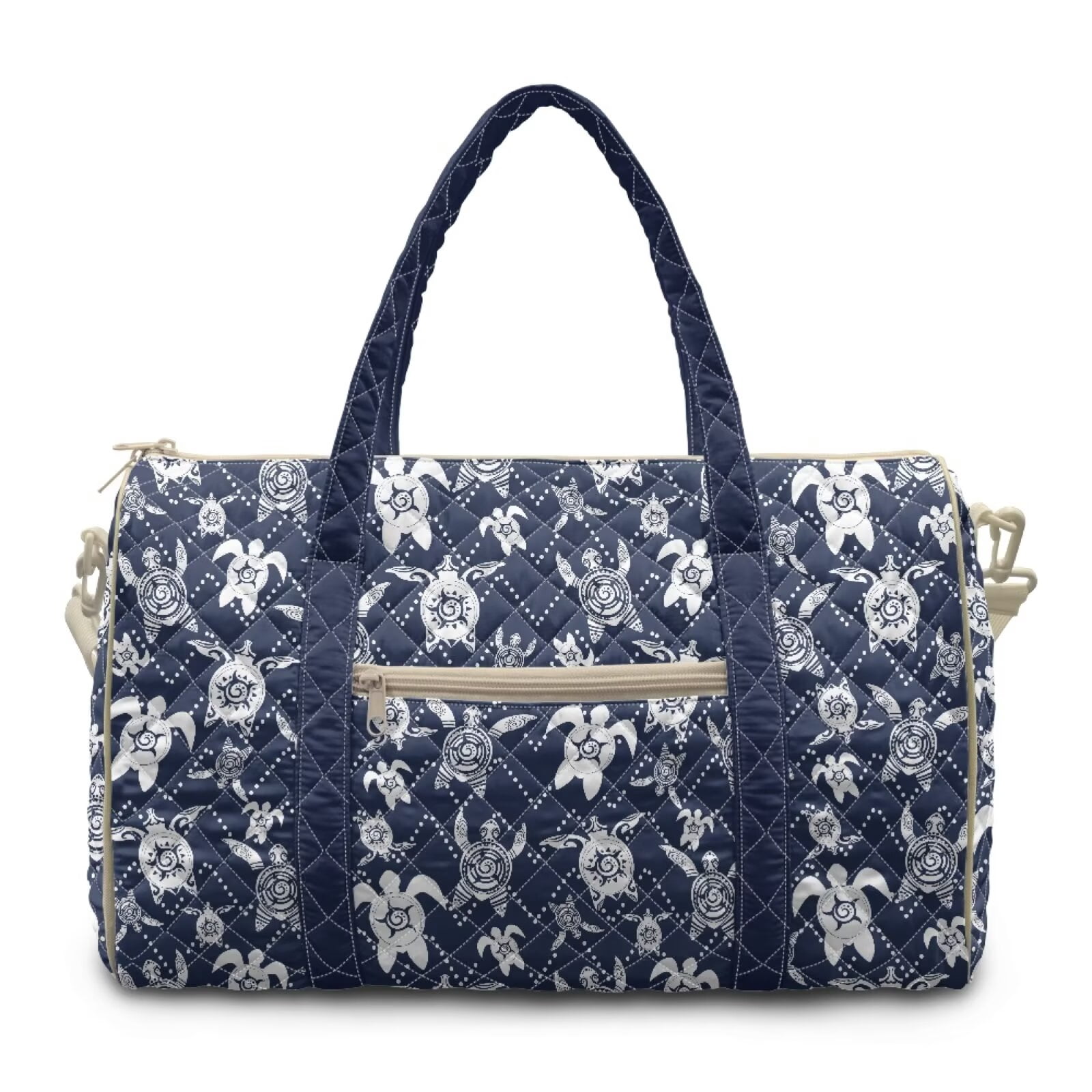 Chririnla Blue Turtles & Flower Pattern Large Travel Duffel Bags Unisex Casual Weekender for College Student with Luggage Handle Strap & Quilting Design