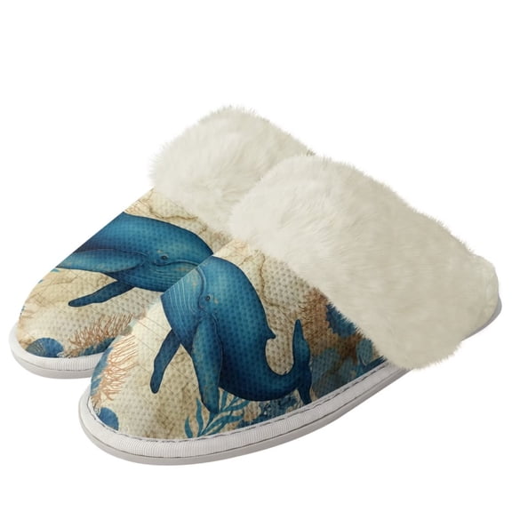 Chririnla Blue Whale Print Cotton Home Slippers Women Fuzzy Slippers with Fur Edges Warm House Shoes Bedroom Plush Slipper