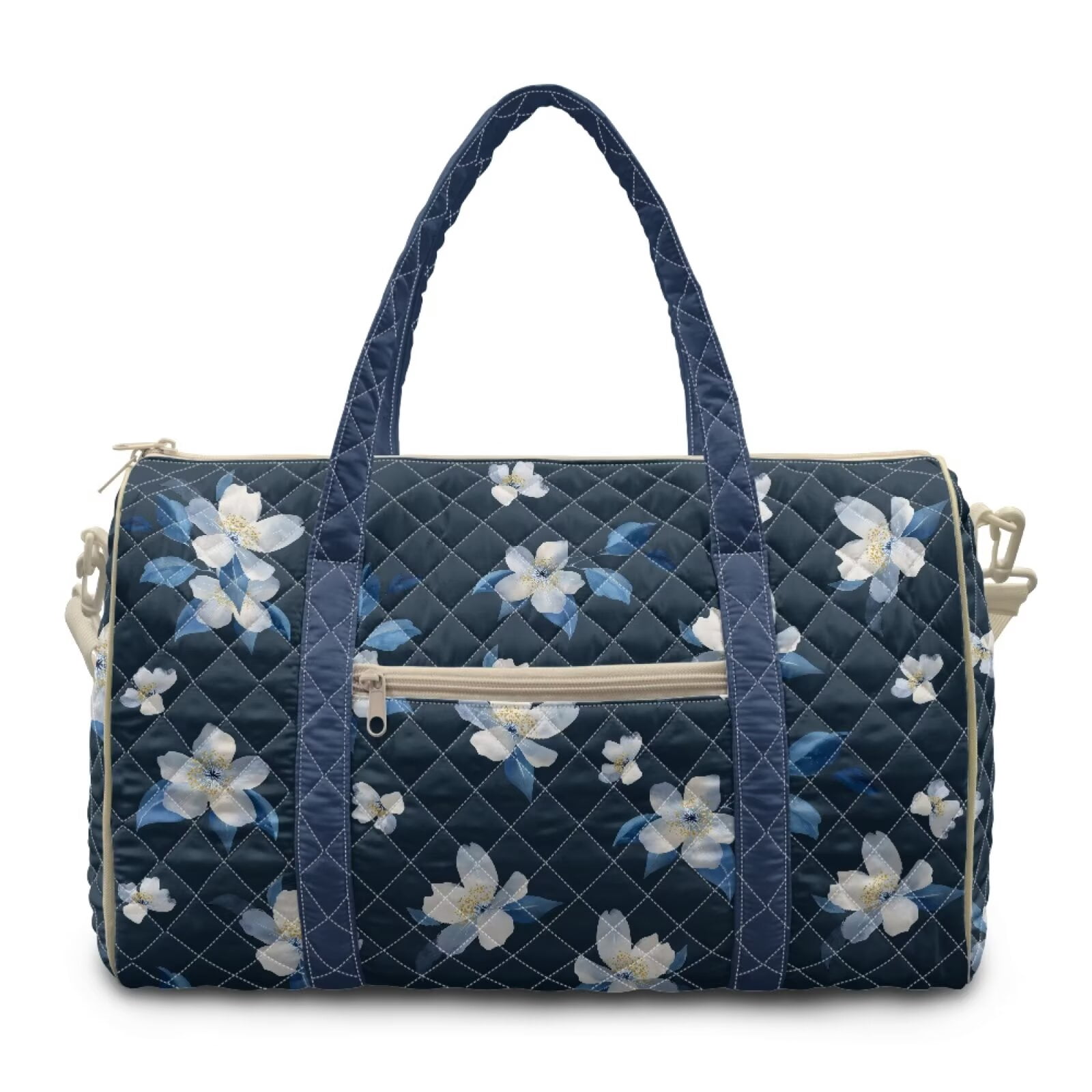 Chririnla Blue & White Floral Print Polyester Duffle Bag for Travel Women Casual Overnight with Carry On Size & Separate Compartment Ideal for Flight