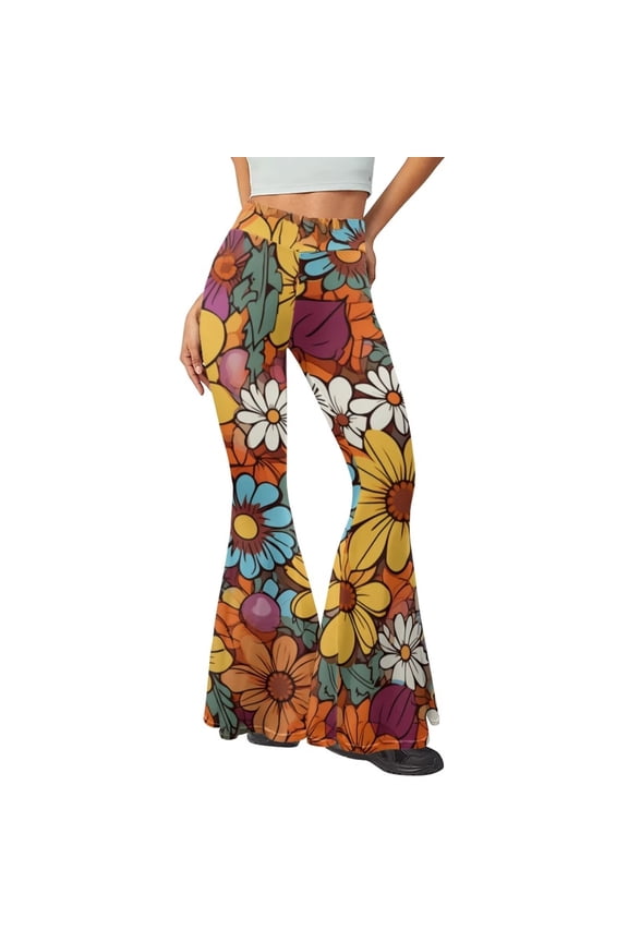 Boho Hippie Daisy 70s 80s Flare Yoga Pants Soft Comfy High Waisted Wide Leg Workout Leggings Abstract Print Stretchy Athletic Pants