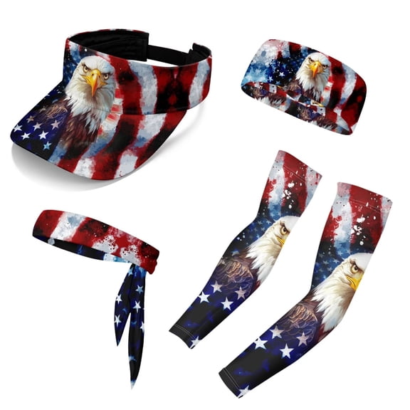 Chririnla Bold Eagle American Flag Print Sports Sun Visor USA Hats for Women Men Patriotic Golf Tennis Sun Visor Cap,Sweatband Headbands,Arm Sleeves