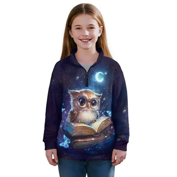 Chririnla Book Owls Quarter Zip Up Sweatshirt for Kids Youth Girls Soft Lightweight Comfy Casual Pullover Sweatshirt for Fall Winter Daily Wear Size 7-8