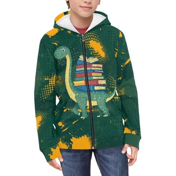 Chririnla Books Dinosaur Youth Zip Up Sweatshirt Long Sleeve with Pockets Lightweight Athletic Sportswear for School Gym Size 10-12
