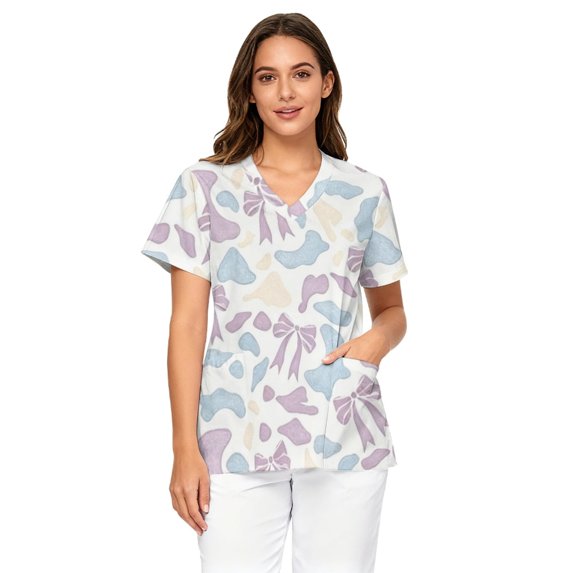 Chririnla Bow Camo Pattern Scrub Tops Women Two Pocket V-Neck Scrub ...
