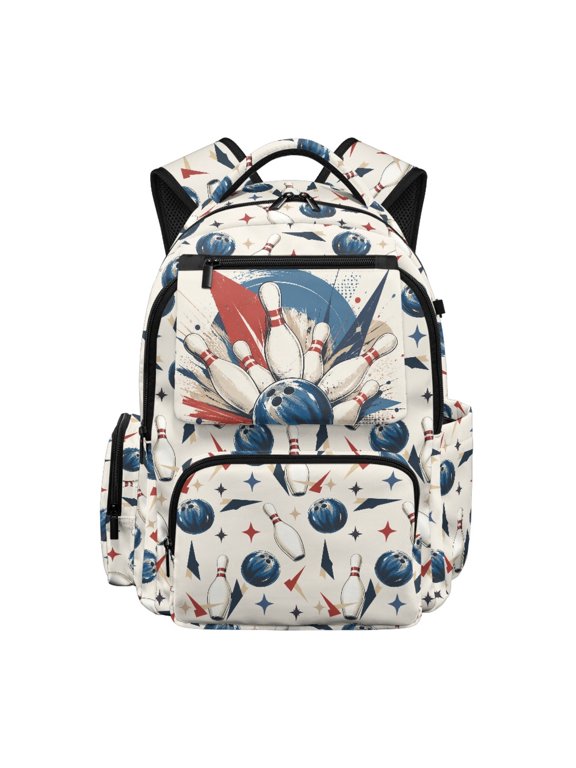 Bowling Print 17 Inch Polyester Book Bag, Breathable Multi Pocket Lightweight Bookbag for School and Hiking