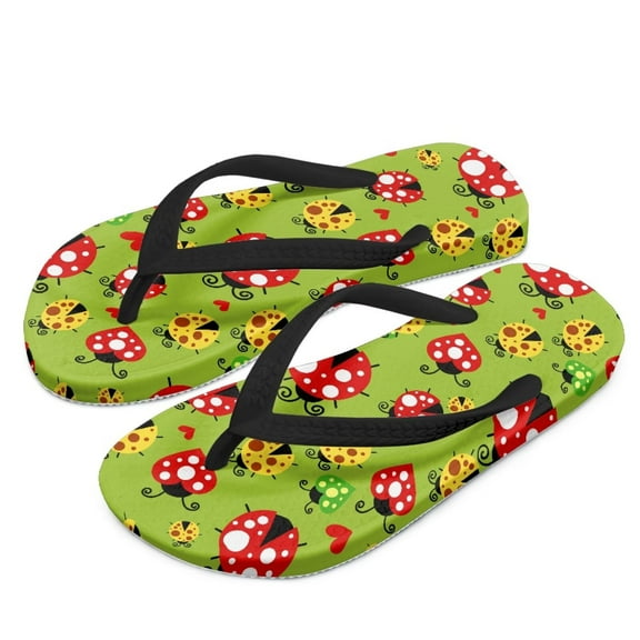 Chririnla Boys Girls Flip Flops Sandals Ladybug Green Print Chrer Park Summer Beach Swim Pool Shoes for Kids Indoor and Outdoor Size 12