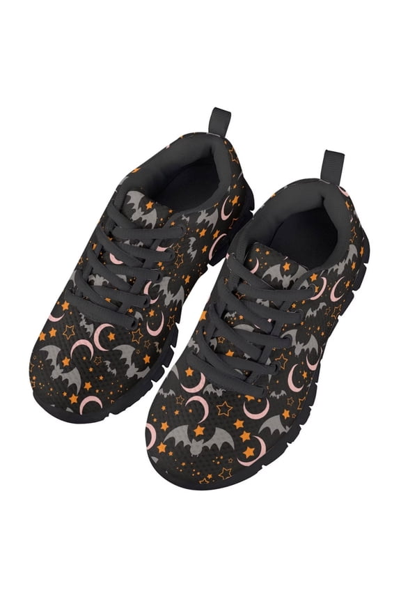 Boys Girls Halloween Shoes Bat Moon Star Walking Shoes Size 1 Mesh Sneaker Adjustable Strap Athletic Running Sport Shoe Lightweight