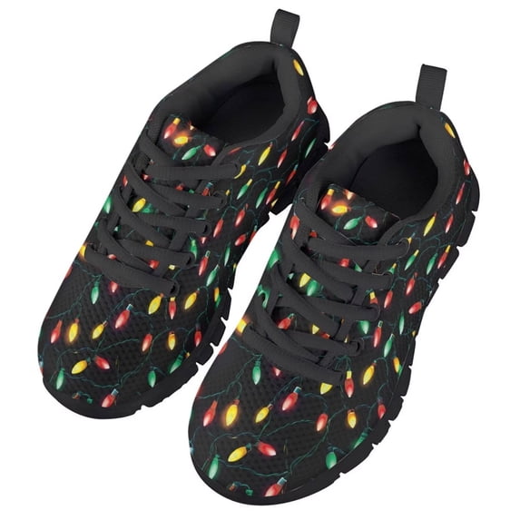 Chririnla Boys Sneakers Size 13 Girls Little Kid Trainer with Christmas Lights Print Knitted Mesh Sports Shoe Lace Up Athletic Running Shoes for Xmas Outfit