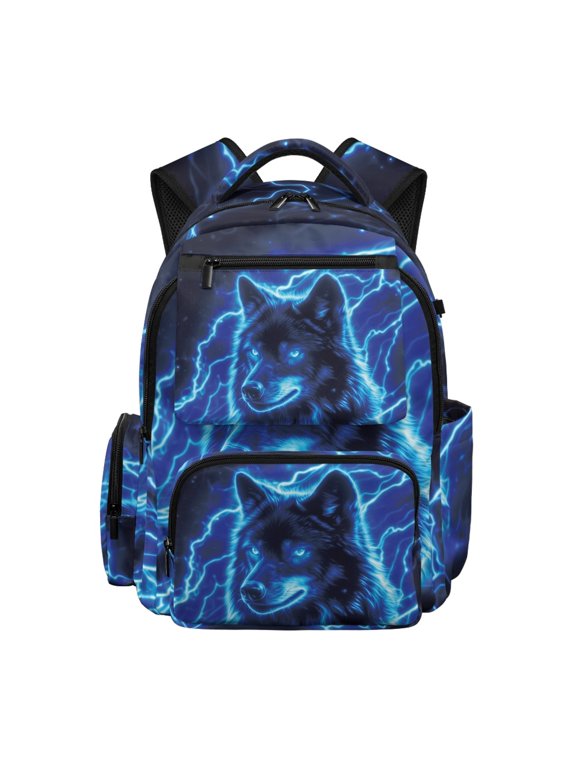 Breathable Casual School Bag for Travel Daily, Polyester Lightweight Book Bag, Blue Lightning Wolf Print