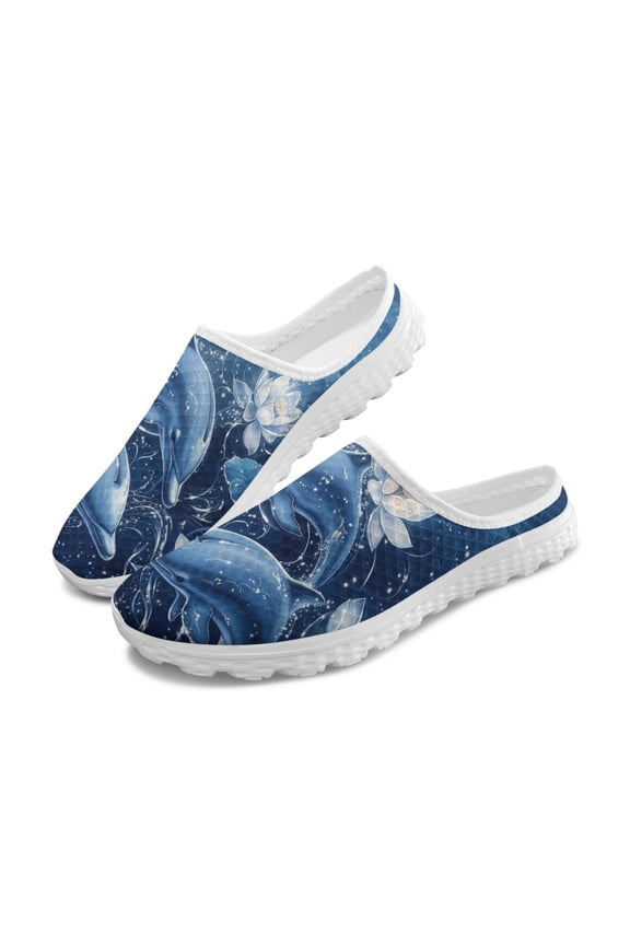 Breathable Mesh Slip On Clogs - Dolphin Lotus Print - Comfortable Summer Unisex Walking Shoes