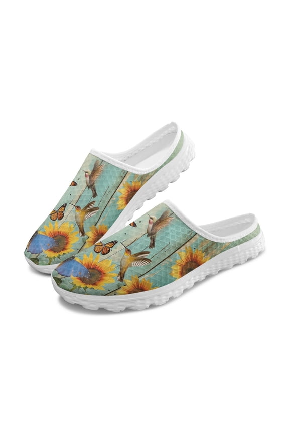 Breathable Mesh Slip On Clogs | Sunflower Bird Print | Lightweight Comfortable Summer Shoes for Unisex