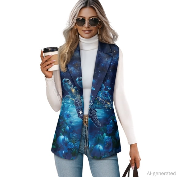 Chririnla Breathable Women's Sleeveless Waistcoat Vest for Work Summer Spring, Open Front Lightweight Women's Sleeveless Blazer Vest, Sea Turtle