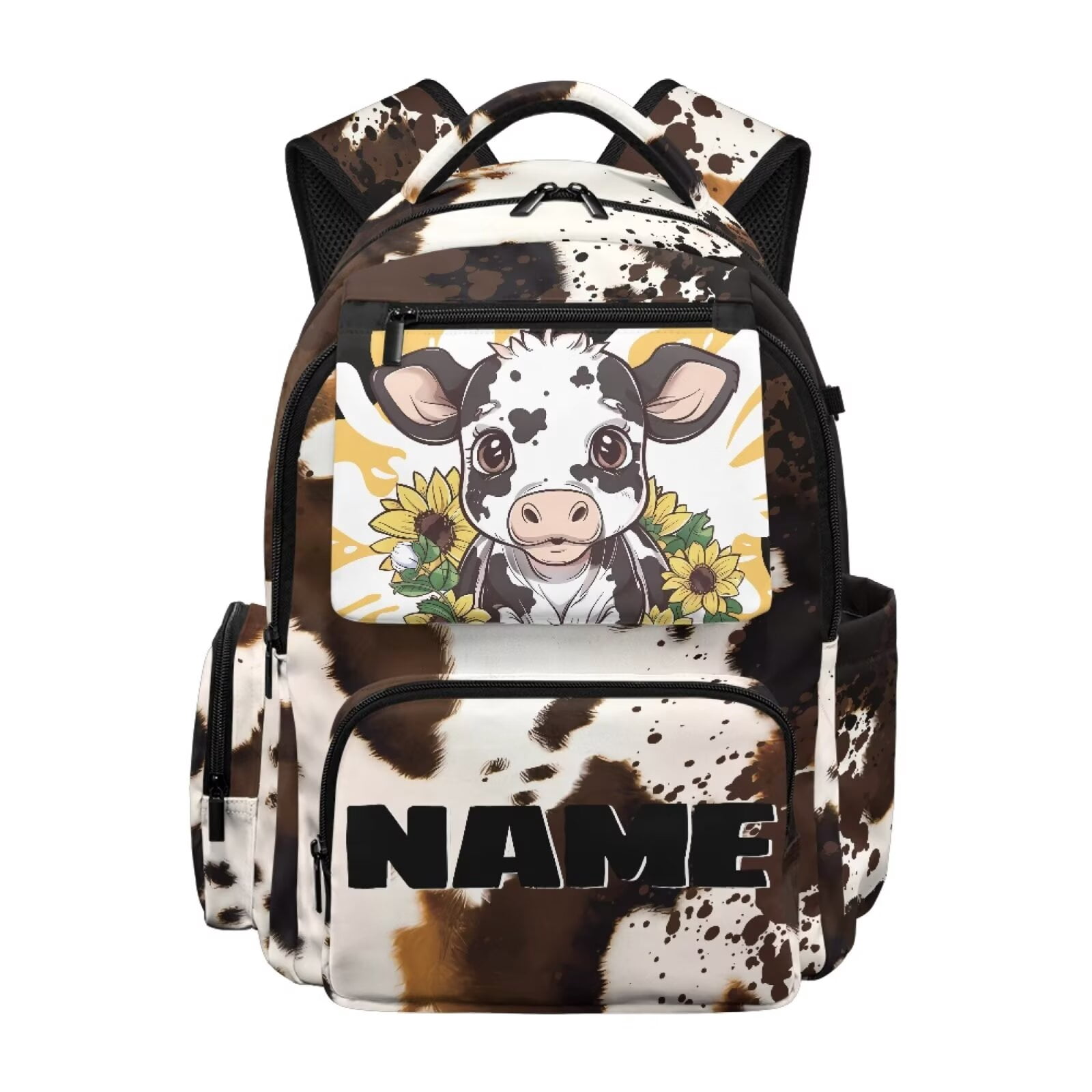 Chririnla Brown Cow,Custom Name Print 17 Inch Backpack for Teen Girls Waterproof Elementary School Bag Lightweight Large Capacity Travel Bags with Adjustable Shoulder Strap