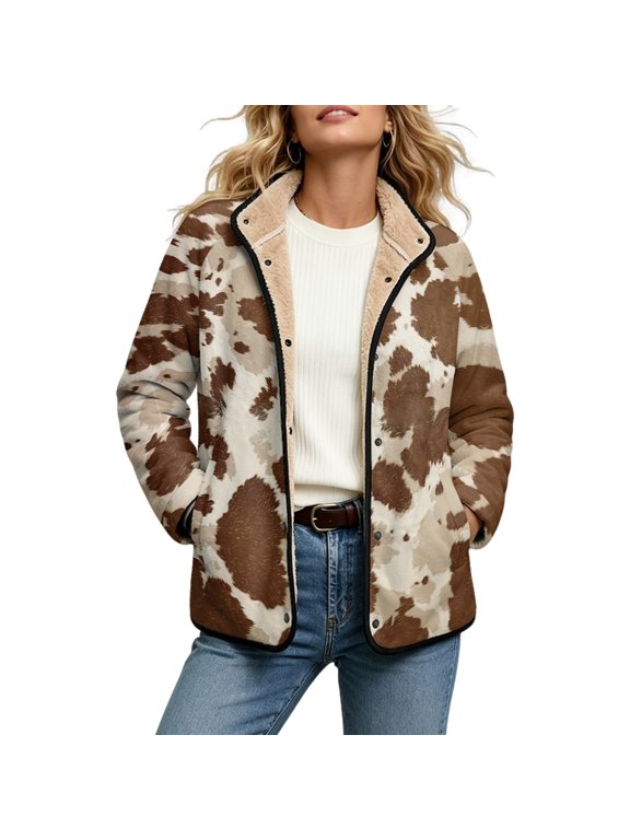 Brown Cow Print Womens Fuzzy Fleece Jackets Coat 3XL