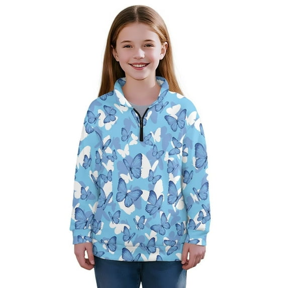 Chririnla Butterflies Girls Fall Hoodies Quarter Zip Up Sweatshirt Pullover Sweatshirts Trendy Comfy Casual Loose for School Winter Athletic Size 9-10