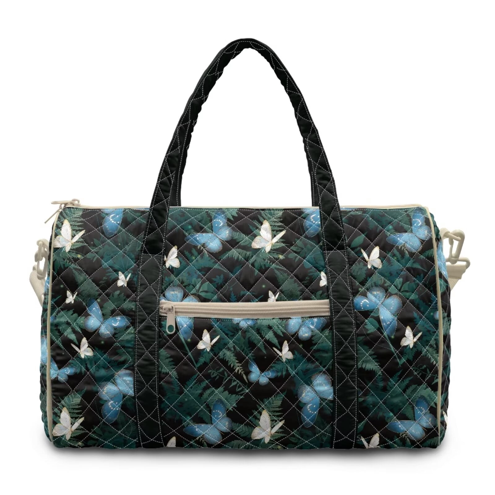Chririnla Butterfly & Green Fern Pattern Travel Duffle Bags for Women Stylish Gym Bag with Luggage Handle Strap & Multi-Pockets Fits Weekends