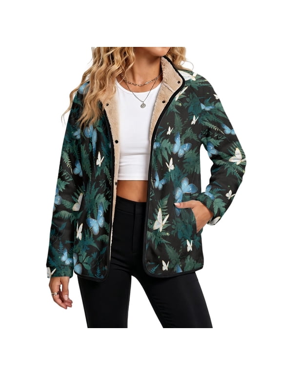 Butterfly Leaves Womens Fleece Jackets Coat Button Overcoat 3XL