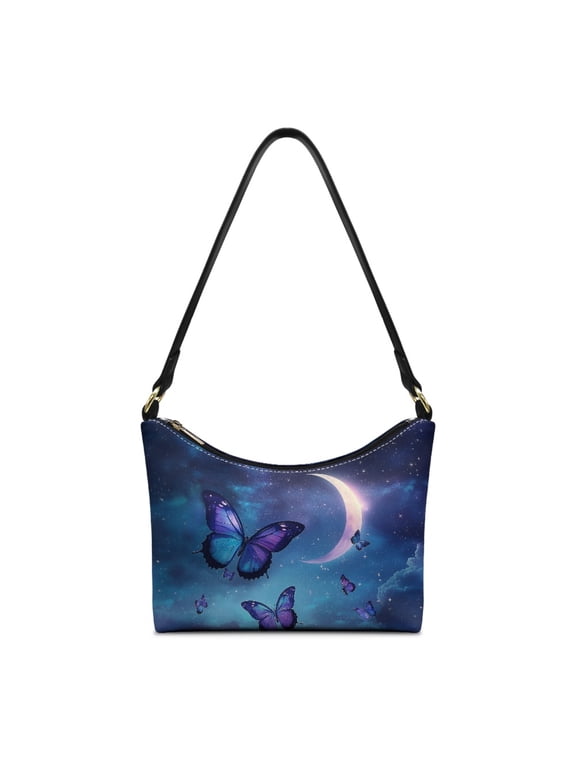 Butterfly and Moon Pattern Design PU Leather Shoulder Purse for Women, Underarm Shoulder Purse with Large Capacity Hobo Purse Tote for Travel