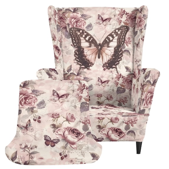 Chririnla Butterfly Rose Print 2 Pieces Wing Chair Slipcovers, with Cushion Cover Anti-Scratch Armchair Slipcover Spandex Wingback Chair Cover for Living Room Hotel