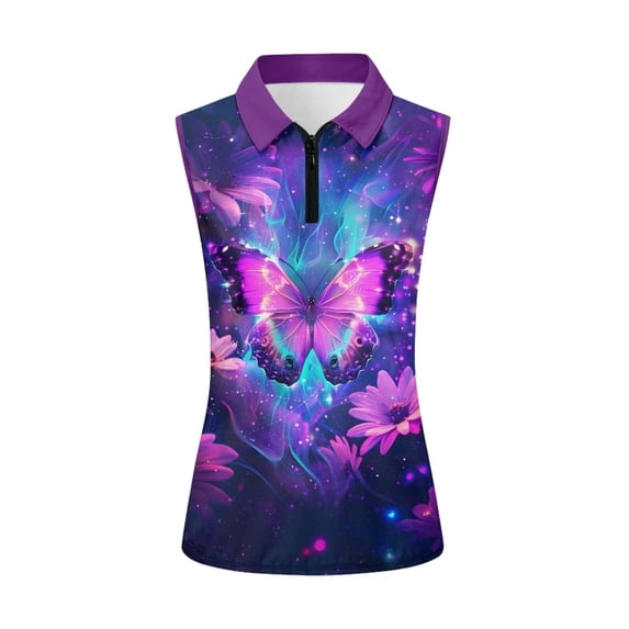 Chririnla Butterfly Women Golf Shirts 1/4 Zip Sleeveless Sports Shirts Collared Quick Dry Tennis Tank Tops Summer Activewear