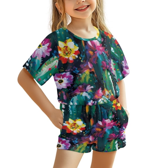 Chririnla Cactus Flower Kids Summer Outfit Washable Breathable Short Fiber Jersey Kids Outfit Set 3-16 Years for Toddler