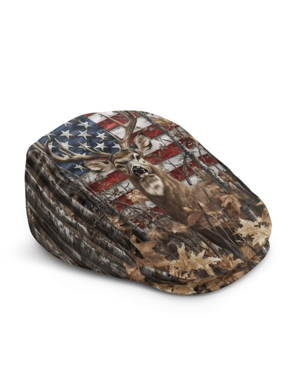 Camo Deer American Flag Newsboy Cap for Men,Breathable 4th of July Flat Cap with Adjustable Strap,Summer Casual Ivy Hat for Outdoor