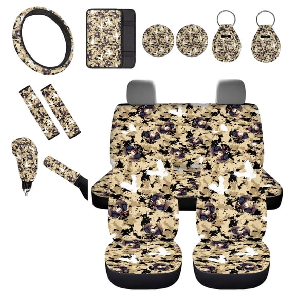 Chririnla Camo Eagle Car Seat Cover Split Covers Classic Car Front Back Seats Covers Sets 14 Pack with Handbrake Protector, Safety Belt Pads, Coasters, Auto Interior Essentials