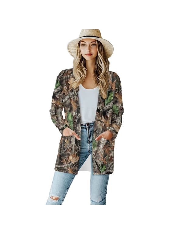 Camo Hunting Fall Cardigan for Women Casual Open Front Loose Plus Size Cardigan Lightweight Long Sleeve Dusters Drape Jackets Dressy V-neck Flowy Tops
