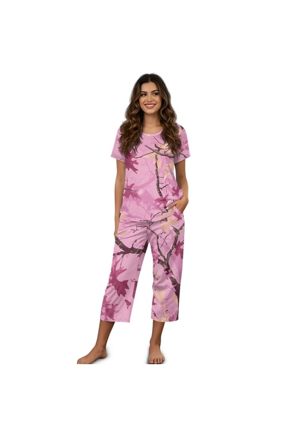Camo Hunting Pj Sets for Women Summer Pajama Sets, Loose Fit Short Sleeve Shirt, Pink Maple Leaves Capri Pants Ladies Pjs Loungewear with Pockets