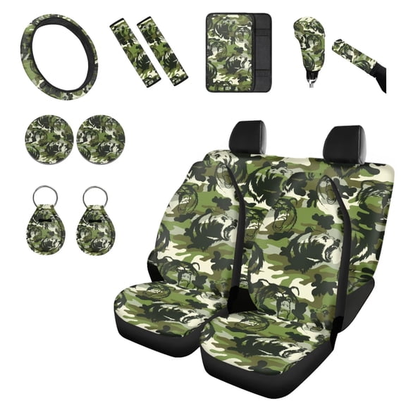 Chririnla Camouflage Bear Vehicle Accessories Set Comfortable Car Front Rear Seats Covers 14 Pieces Sets with Center Console Mat, Handbrake Pad, Gear Shift Cover, Elastic Auto Interior Decoration
