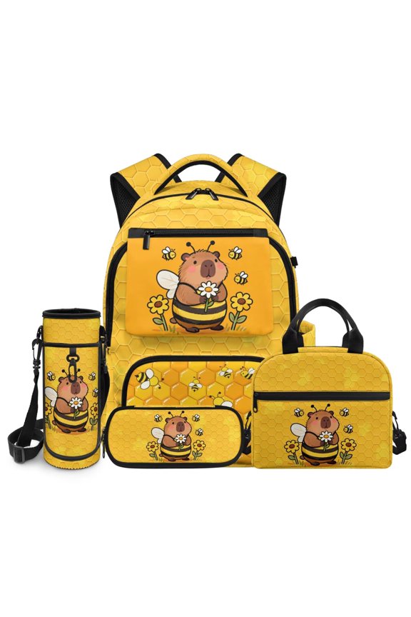 Capybara Backpack for Girls 6-8 8-10 Cute Bee School Backpack with Lunch Bag Pencil Case Water Bottle Sleeve for Kindergarten Elementary School Large Capacity 17 Inch Kids Bookbags