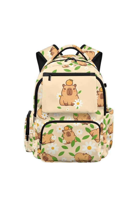Capybara Daisy Print Kids Backpack for School Waterproof Large Capacity College School Computer Bag Front Pocket Daypack