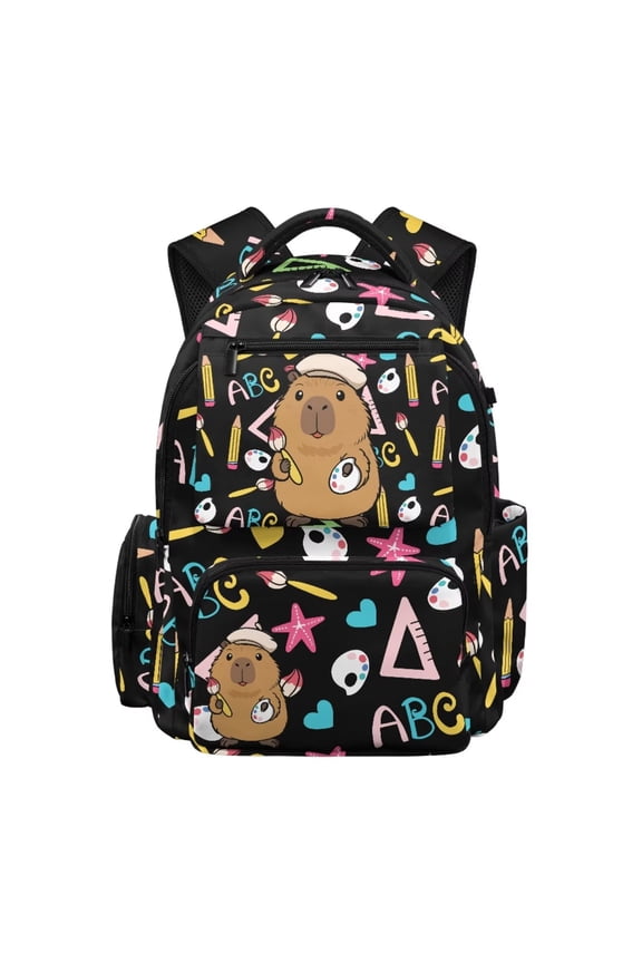 Capybara Painter Kids School Bag 1st Grade 17 Inch Bookbag for Boys Girls Large Capacity Backpacks with Multi Pockets Lightweight Daypack for Hiking Camping