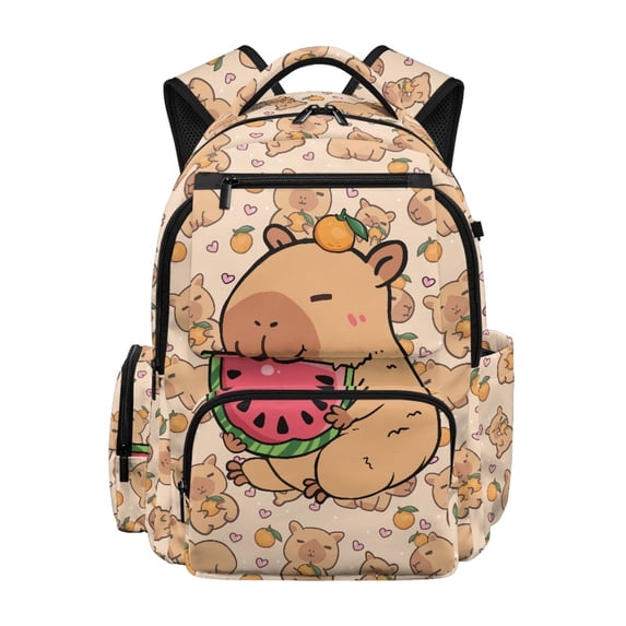 Chririnla Capybara Watermelon Pattern Daypack with Adjustable Straps Multi-Pocket Book Bag, Lightweight 17 Inch Backpack for School Back to School High School