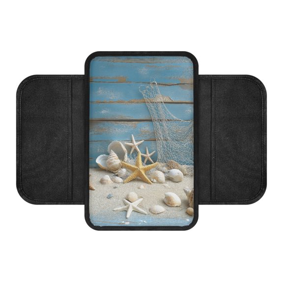 Chririnla Car Armrest Cover for Interior Decor, with Elastic Bands Soft Auto Armrest Covers for Most Vehicles Car Center Console Cover, Coastal Seashell Starfish Print