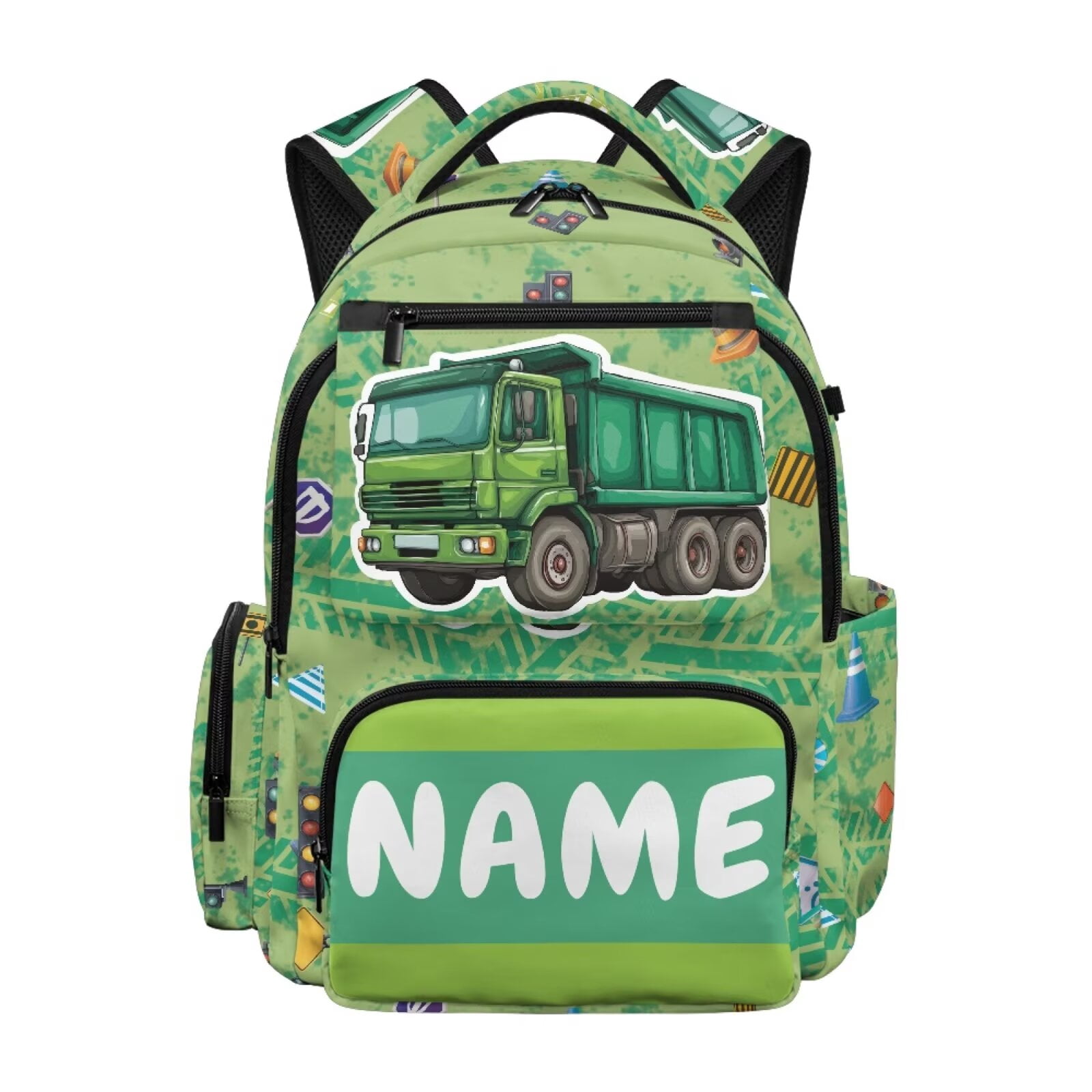 Chririnla Car-Green Print Kids School Bag Teen Boys Custom Name Print Backpacks Laptop Bags Front Pocket School Backpack Padded Straps Front Zipper Pocket
