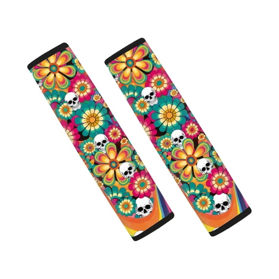 Chririnla Car Seat Belt Pads Easy to Install Seat Belt Shoulder Pad Polyester Skin-Friendly, Suitable for Vehicle Auto, Floral Skulls with Rainbow
