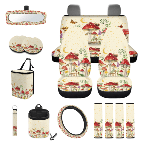 Chririnla Car Seat Cover Protector Set, with Car Steering Wheel Cover Car Rear View Mirror Cover Keychain, 15PCS Mushroom Snail Star Print Car Seat Protector Kit