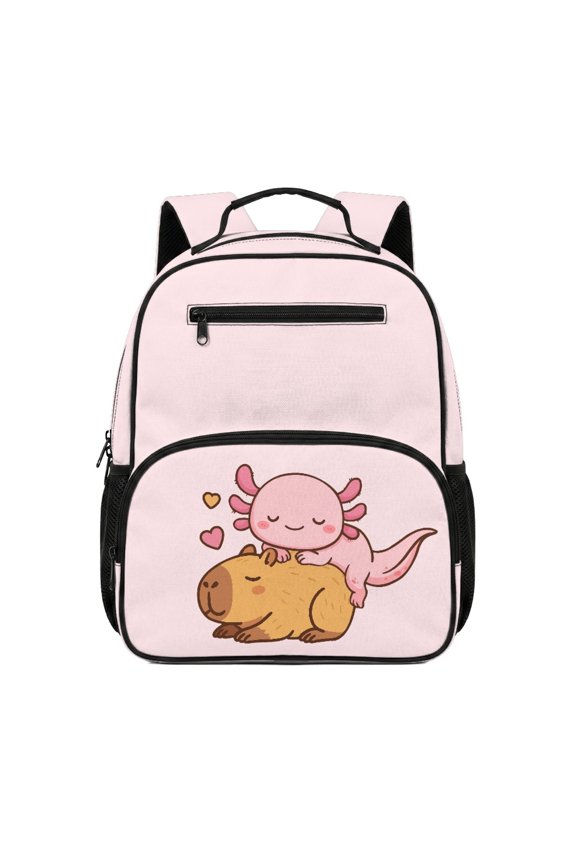 Cartoon Axolotl & Capybara Pattern Toddler Backpack for Preschool Kids, Polyester 2 Front Pockets Preschool Toddler Backpack for Outdoor Travel