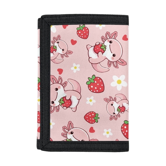 Chririnla Cartoon Axolotl & Strawberry Print Trifold Coin Wallet, Polyester Coin Bag for Sports, Compact Slim Trifold Coin Purse Wallet