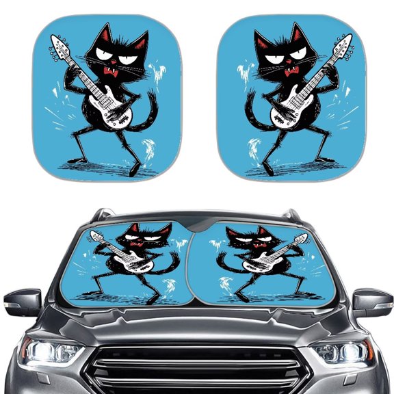 Chririnla Cartoon Black Kitten Car Front Window Sunshade 2 Piece Foldable Vehicle Sun Shield Universal Fit Keep Cold Automotive Interior Protection Ideal for Travel & Outdoor Parking